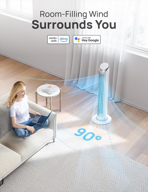 DREO Smart Tower Fan - Quiet 90° Oscillating Indoor Fan with Remote & Voice Control | 12H Timer, 26ft/s Velocity