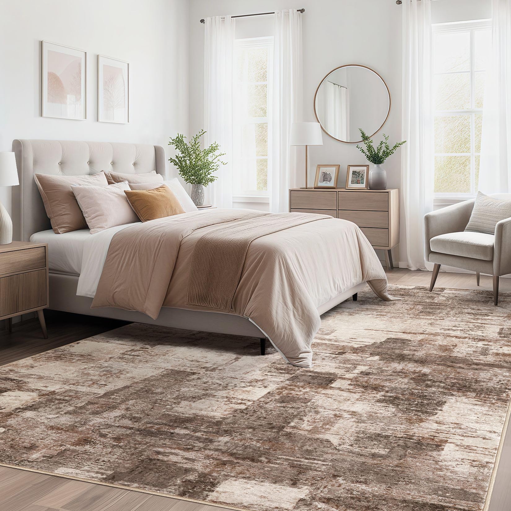 kakania 5x7 Washable Area Rug - Abstract Soft Non-Slip Modern Low-Pile Carpet for Living Room Bedroom Office Dorm, Kid Pet Safe Robot Vacuum Friendly - Brown