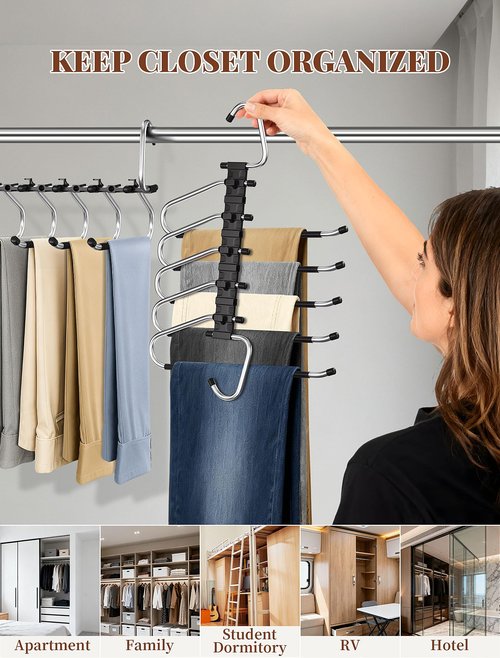 MERDTTES Pants Hangers 2 Pack Space Saving Metal Closet Organizer, Anti-Slip Design, Multi-Layer Space Saving Hangers, Closet Organizers and Storage for Jeans, Trousers, Skirts, Scarves, Slacks, Black