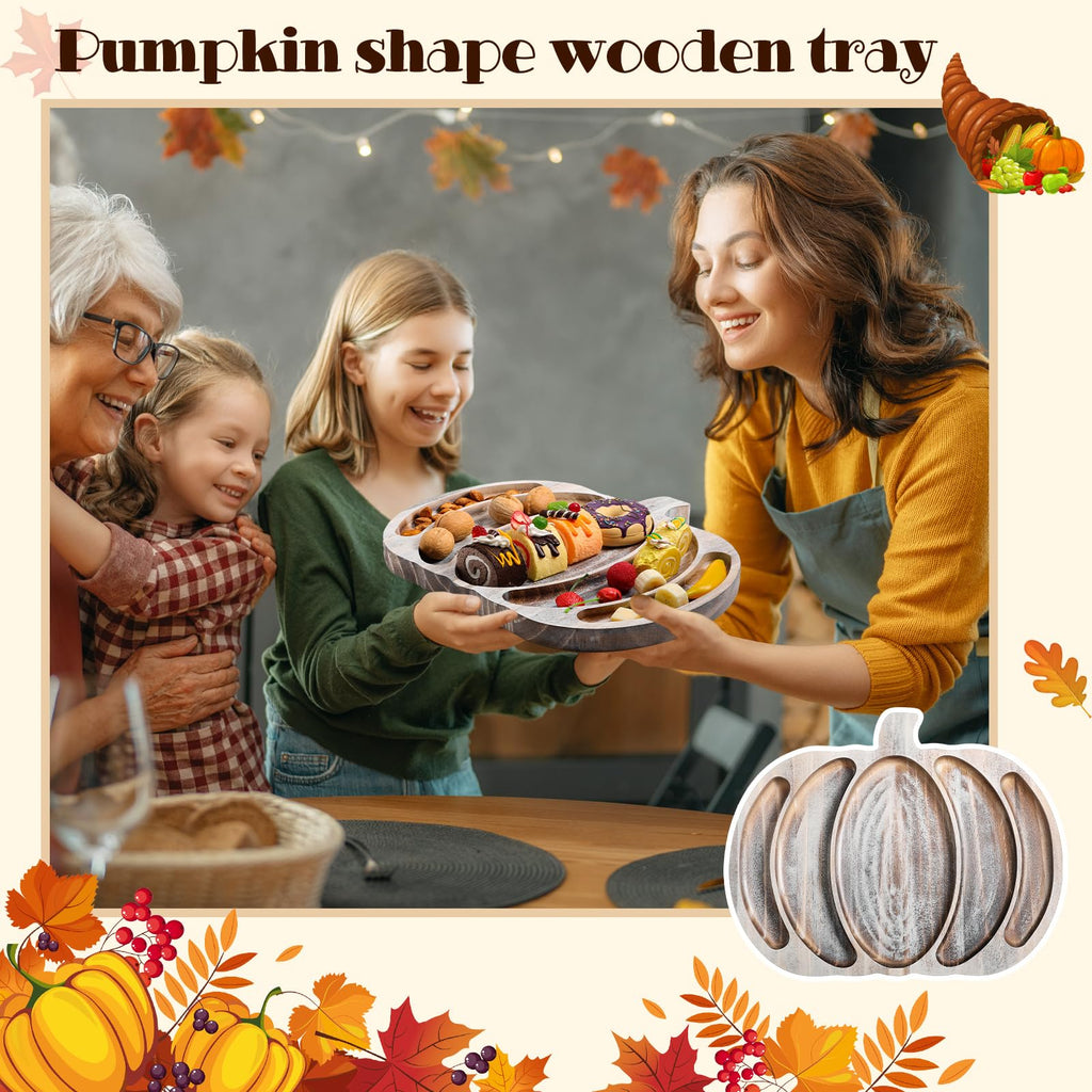 Sliner Fall Pumpkin Wooden Serving Dish Platter Thanksgiving 15" L x 12" W Pumpkin Shaped Charcuterie Board Snack Wood Cutting Board Sectional Dish Plate for Home Gifts(Walnut Color)