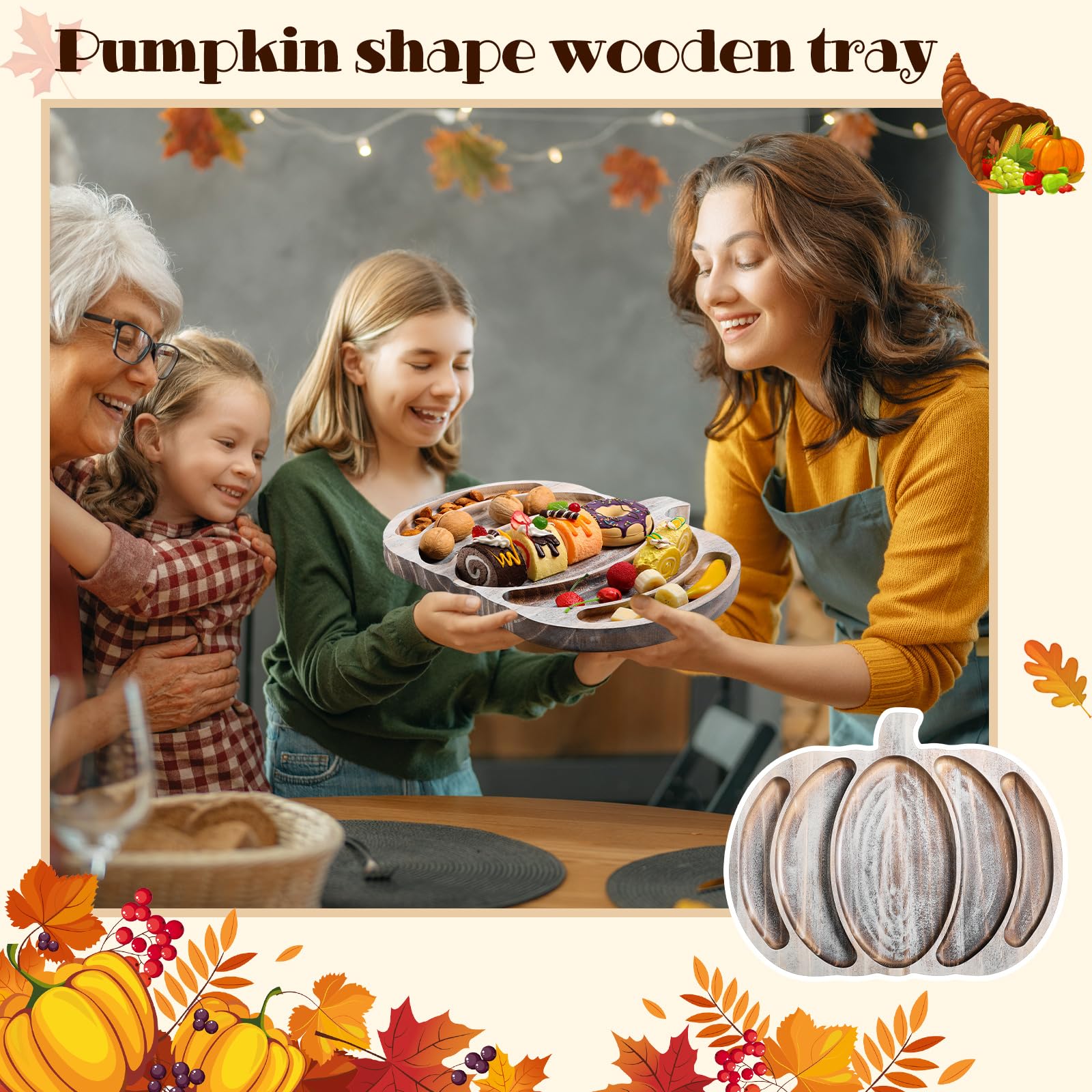 Sliner Fall Pumpkin Wooden Serving Dish Platter Thanksgiving 15" L x 12" W Pumpkin Shaped Charcuterie Board Snack Wood Cutting Board Sectional Dish Plate for Home Gifts(Walnut Color)