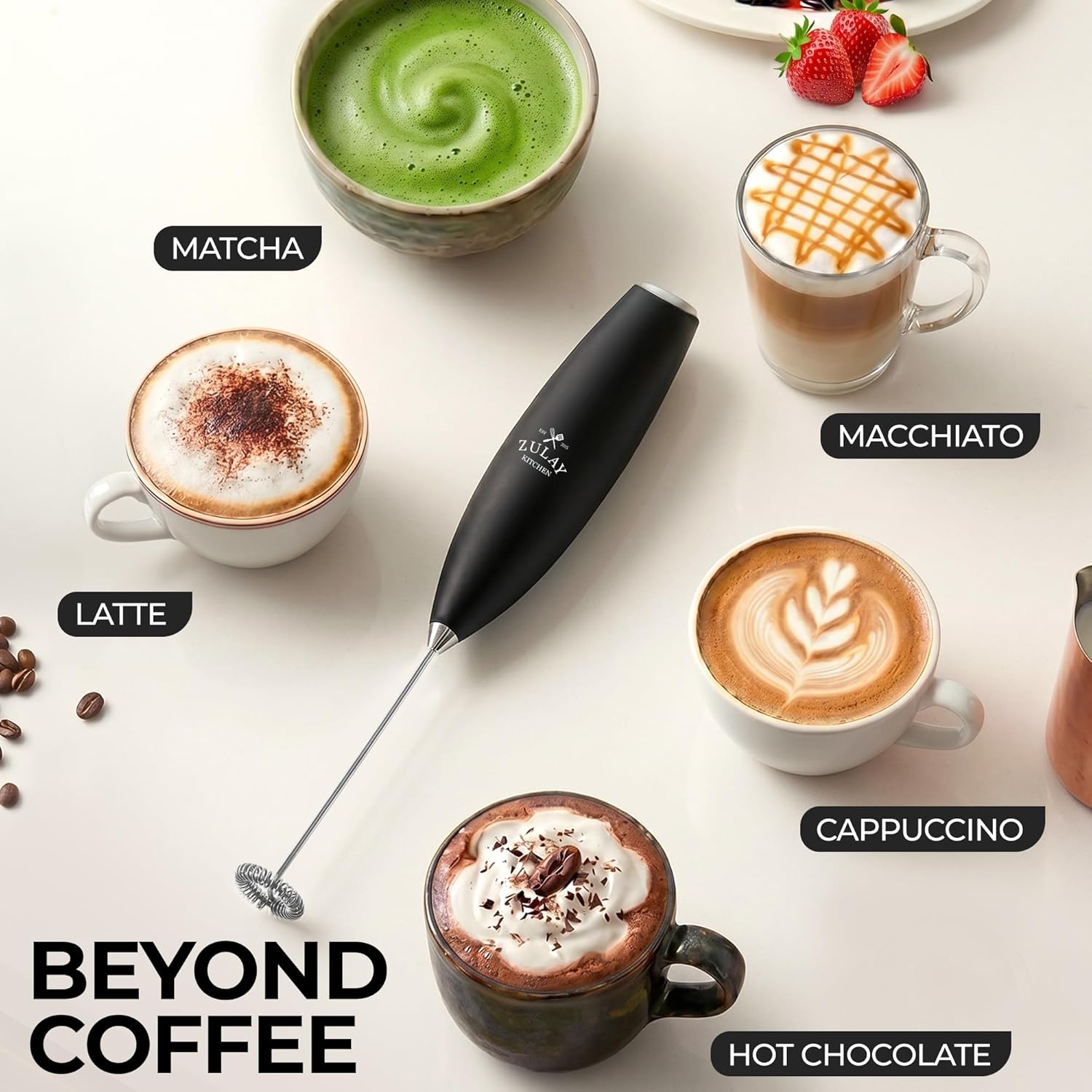 Zulay Kitchen Milk Frother - Handheld Electric Whisk for Lattes, Matcha & More | Durable Stainless Steel - Black