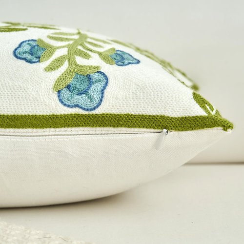 HOMFREEST Floral Embroidered Decorative Throw Pillow Covers 12x20 Inch Spring Blue Flower Green Leaf Pillows Farmhouse Patio Cushion Cases for Sofa Couch Home Bed