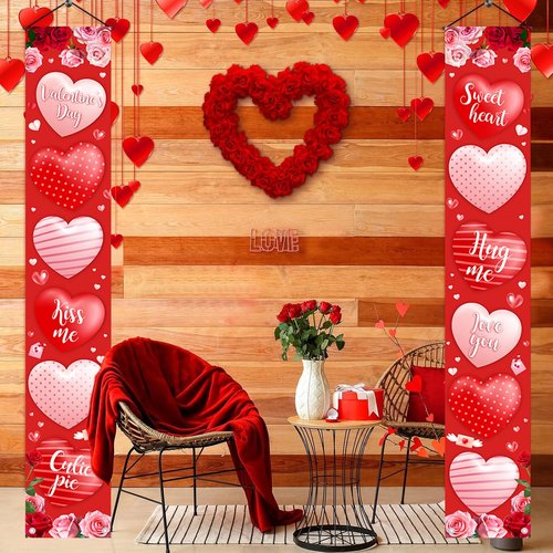 AIBIIN Valentine's Day Door Banner Decoration Valentines day Hanging Front Porch Welcome Sign Red Pink Buffalo Plaid Love Heart Banner Romantic for the Home Door Party Supplies Decor 35.4 x 70.8 Inch