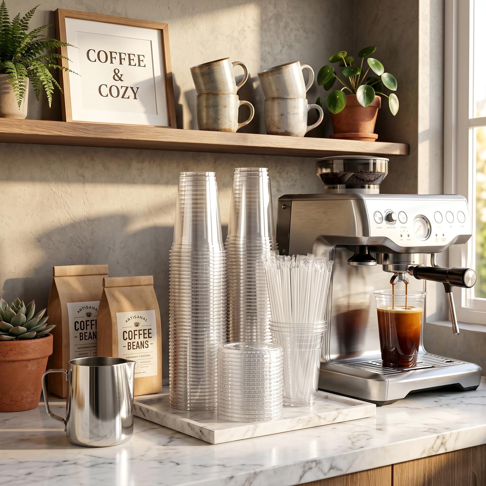 VITEVER [100 Sets - 24oz] Plastic Cups with Lids and Straws, Disposable Cups for Iced Coffee, Smoothie, Milkshake, Cold Drinks - Clear