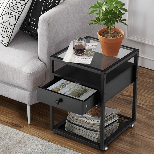 VECELO C Shaped End Side Table for Sofa Couch for Living Room Bedroom，Dark Black