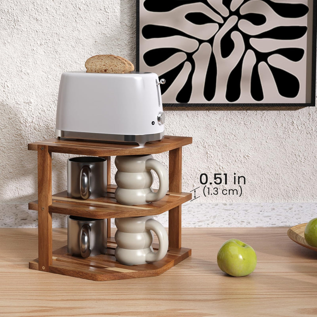 VERTORGAN 3 Tier Acacia Wood Corner Shelf,Dish Drying Rack,Plate Organizer,Kitchen Spice Rack for Countertop and Cabinet,Pantry Organization and Storage