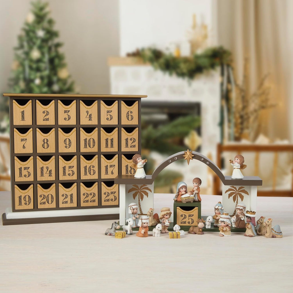Precious Moments Countdown to Christmas Advent Calendar - Wooden Holiday Set with Storybook & Figurines | 251438