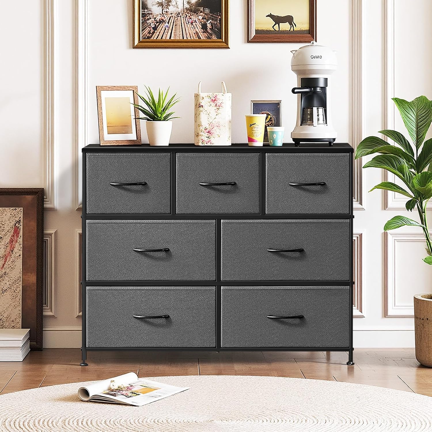 Skiennix 7-Drawer Dresser - Anti-Tip Wide Storage Organizer with Wooden Top | Gray Fabric Chest for Bedroom, Living Room, Hallway