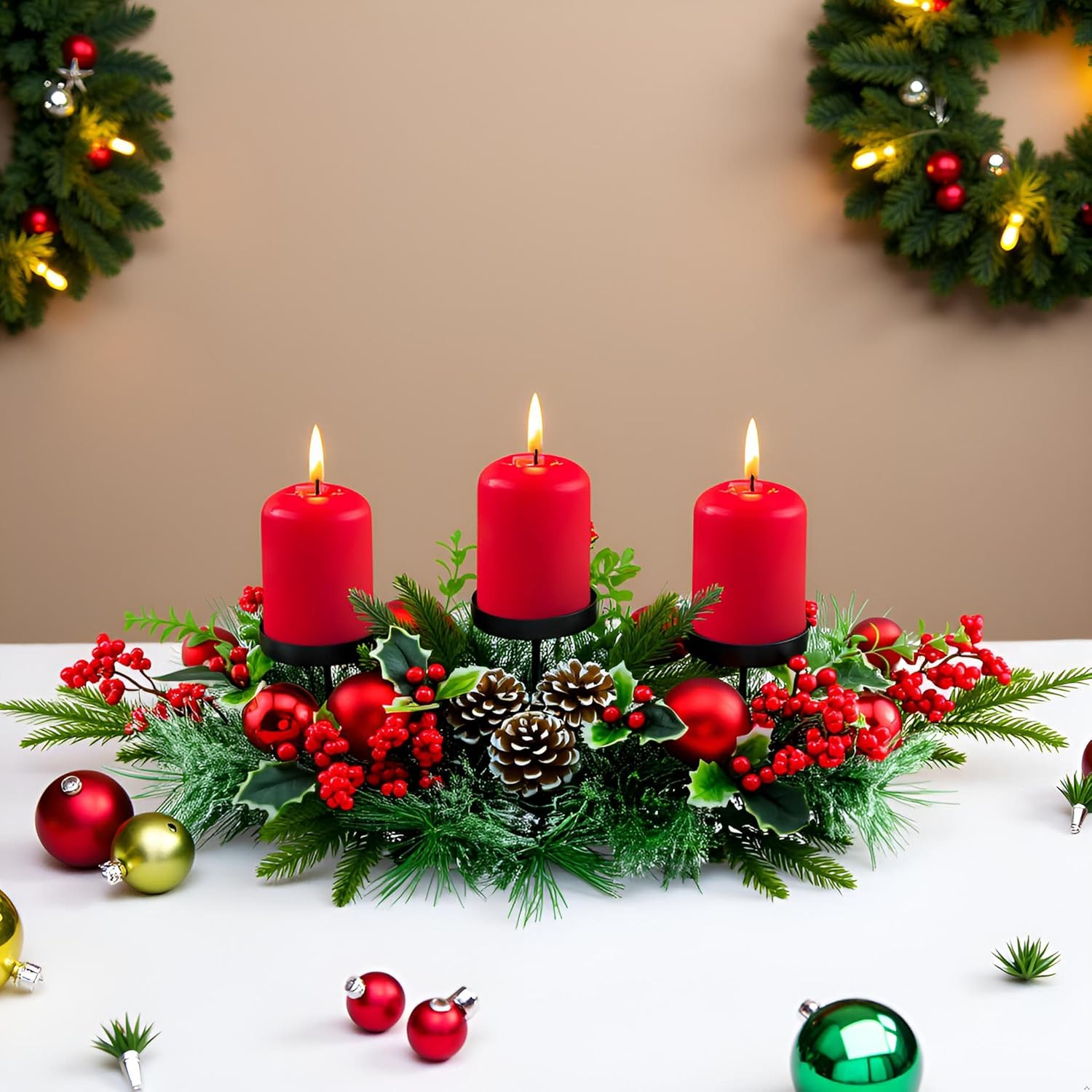 YULETIME 28" Christmas Triple Candelabrum - Festive Candle Holder with Red Baubles & Natural Pine Decor