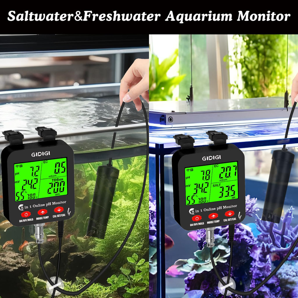 GIDIGI WiFi pH Salt Monitor Smart Water Quality Hydroponic pH EC Meter Digital pH TDS Salt EC Salt ORP Tester with Calibration Solution Kits for Fish Tank Salinity Tester for Saltwater Aquarium