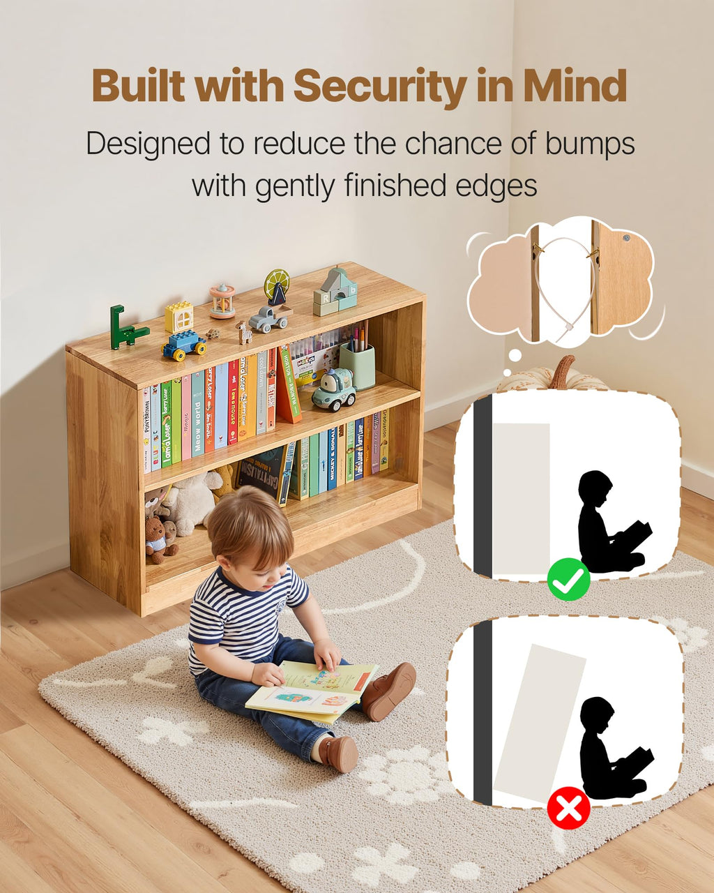 VEVOR Montessori Bookshelf, Wooden Toy Storage Organizer, 2-Cubby Toy Organizers and Storage, Daycare Furniture, Kids Bookshelf for Bedroom, Nursery, Living Room, Entryway, Preschool, Rubberwood