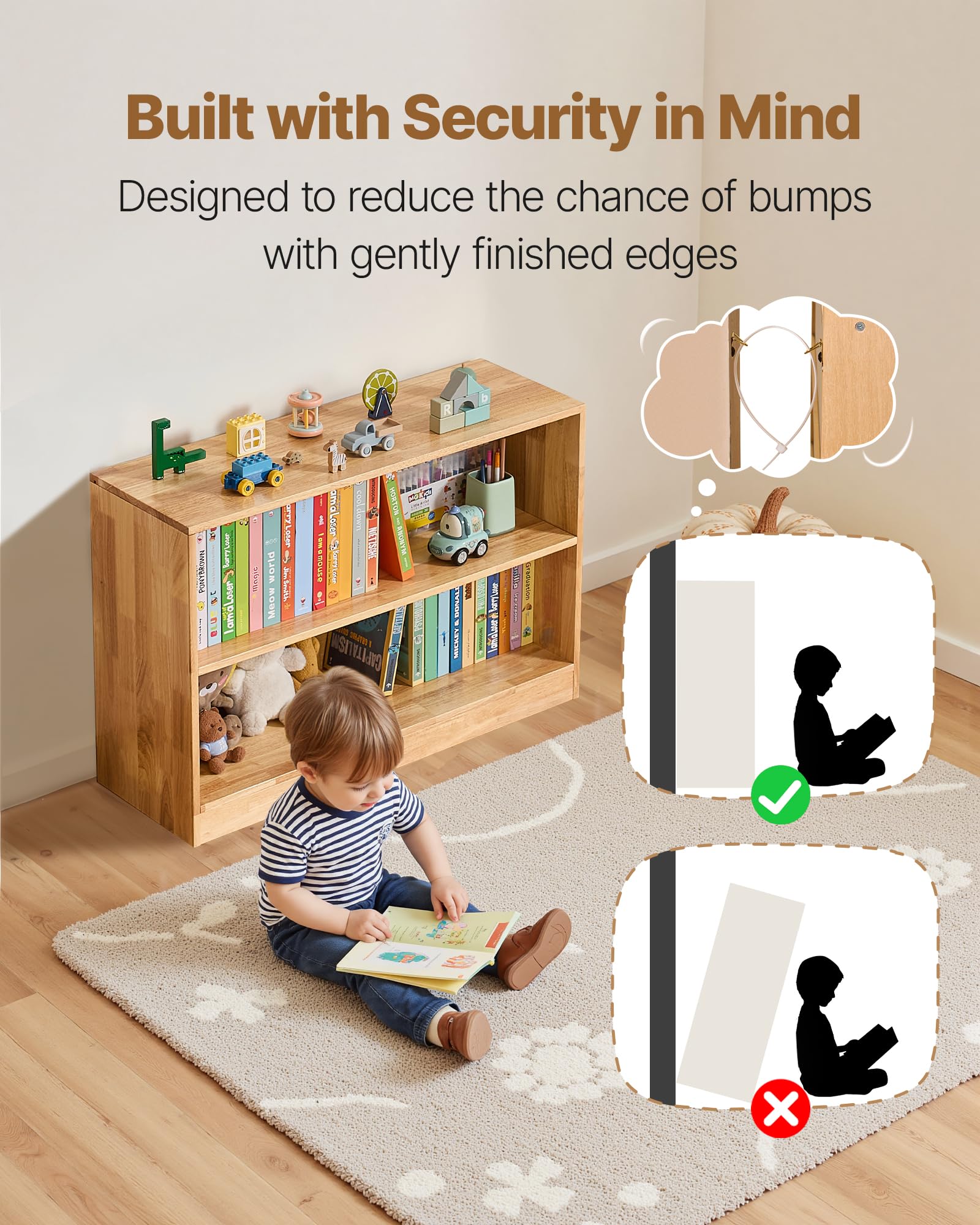 VEVOR Montessori Bookshelf, Wooden Toy Storage Organizer, 2-Cubby Toy Organizers and Storage, Daycare Furniture, Kids Bookshelf for Bedroom, Nursery, Living Room, Entryway, Preschool, Rubberwood