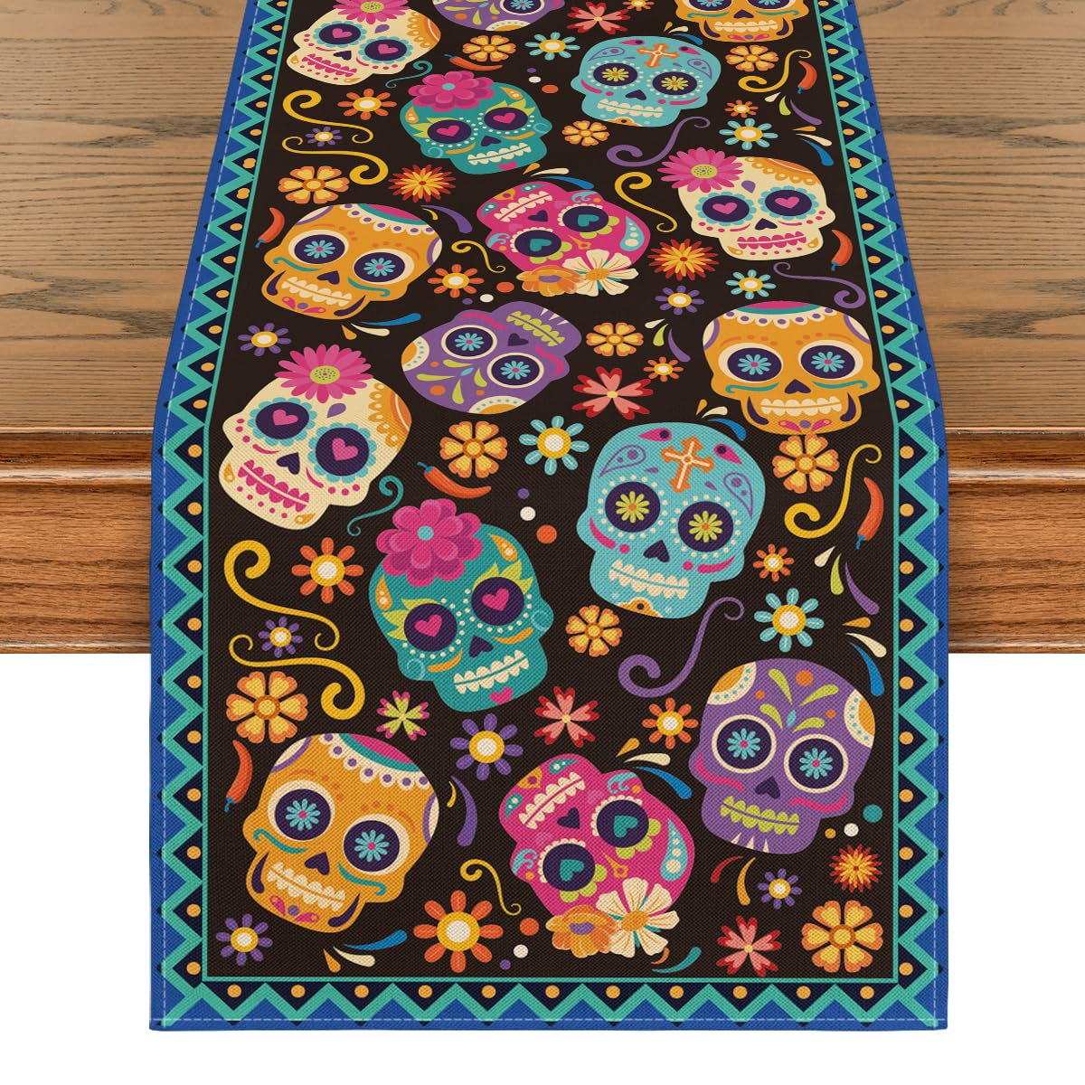 Artoid Mode Suger Skulls Floral Day of The Dead Table Runner, Halloween Seasonal Kitchen Dining Table Decoration for Home Party Decor 13x90 Inch