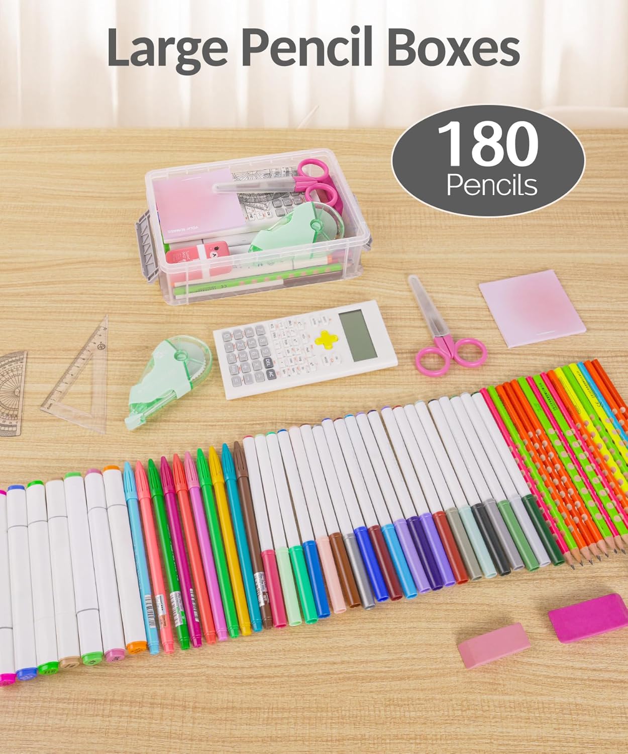 Sooez Extra Large Pencil Box Set - Clear Plastic Organizer with Lid | Stackable Storage for Art Supplies, Grey
