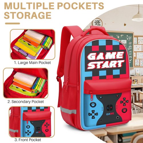 Aogebaby 3-Piece Video Game Backpack Set for Boys Teens - 16.5 Inch Large Bookbag with Insulated Lunch Box & Sturdy Pencil Case, Ideal for Elementary & Middle School, Fits Textbooks