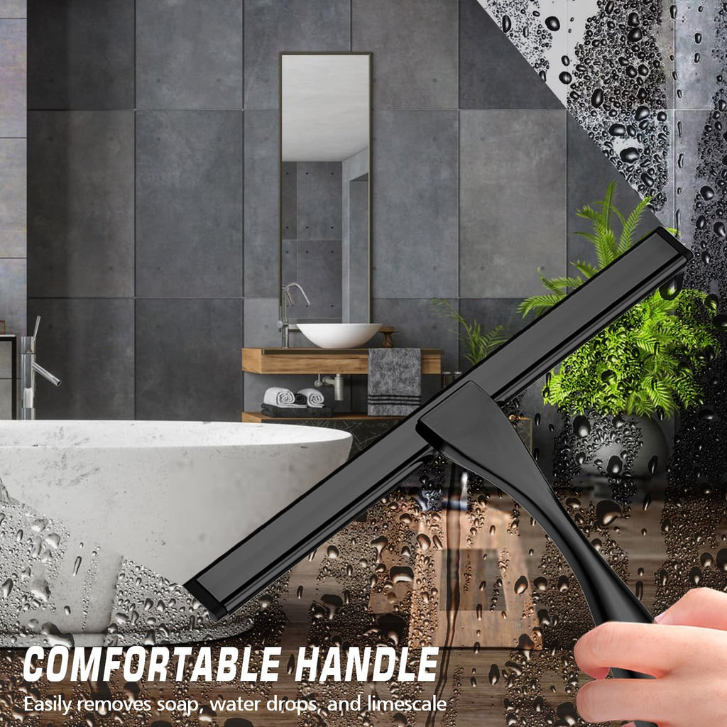 Skiennix Stainless Steel Shower Squeegee - 12 Inch Black with 3 Adhesive Hooks for Glass & Tiles