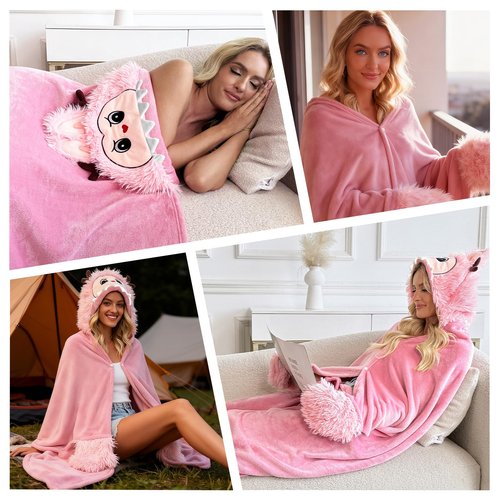 Wearable Blanket Hoodie, Christmas Blanket Hoodie Comfy and Fluffy, Flannel Hoodie Blanket for Women Men Adult Teen, Christmas Gifts for Women, Cozy Warm Soft Fuzzy Hooded Blanket Xmas Gift Ideas-Pink