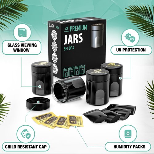 Premium Airtight Glass Storage Jars 120ml with 69% Humidity Control 4 Packs - UV Air Tight Jars with Child-Resistant Lid - Airtight Jar Container, Air Tight Storage,Storage Jars for Herb/Spice