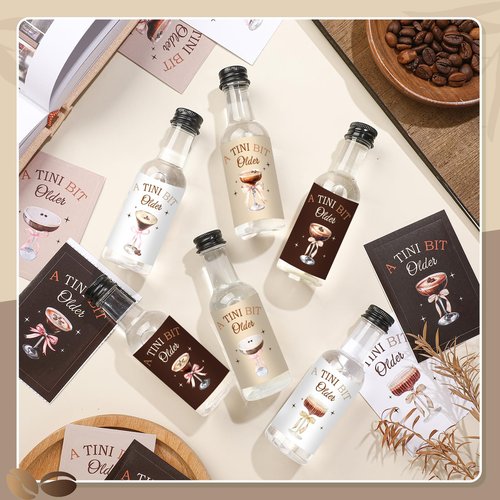 Clabby 48 Pcs a Tini Bit Older Birthday Espresso Martini Label Mini Liquor Bottle Sticker a Tini Bit Older Party Decoration Label Cup Stickers for Birthday Bachelorette Party Decoration(Espresso)