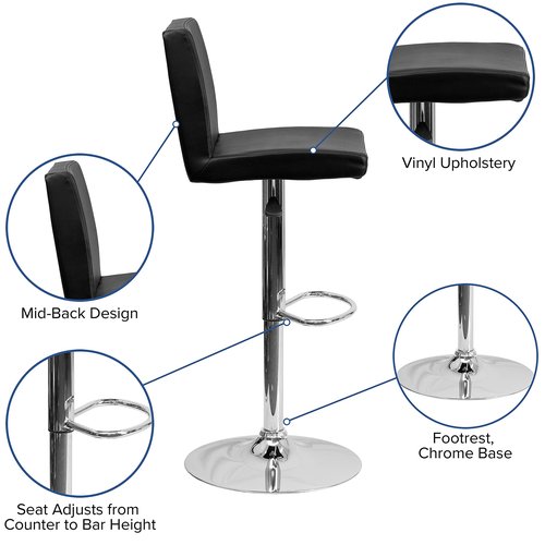 Flash Furniture Contemporary Black Vinyl Adjustable Height Barstool with Panel Back and Chrome Base (Pack of 1)