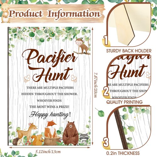 Thyle 51 Pcs Woodland Animals Pacifier Hunt Baby Shower Games Forest Animal Baby Shower Game Decoration Include Hunt Sign and Acrylic Pacifiers Woodland Themed Gift Sets for Gender Reveal Party Decor