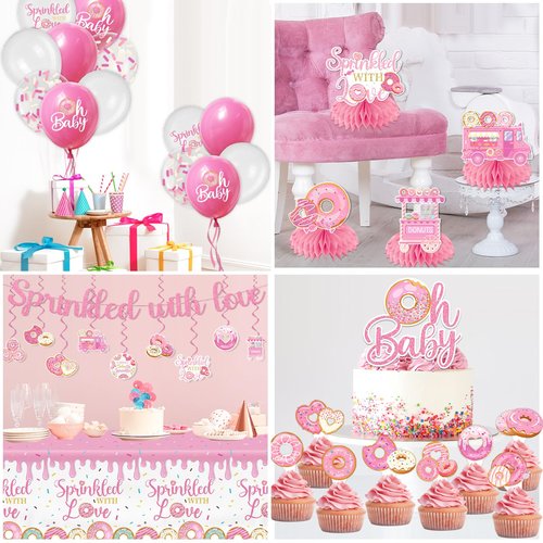Baby Sprinkle Decorations for Girl, Sprinkled with Love Baby Shower Supplies Donut Plates Napkins Cups Tablecloth Banner Cake Topper, Honeycomb Centerpieces for Pink Donut Baby Shower Decorations