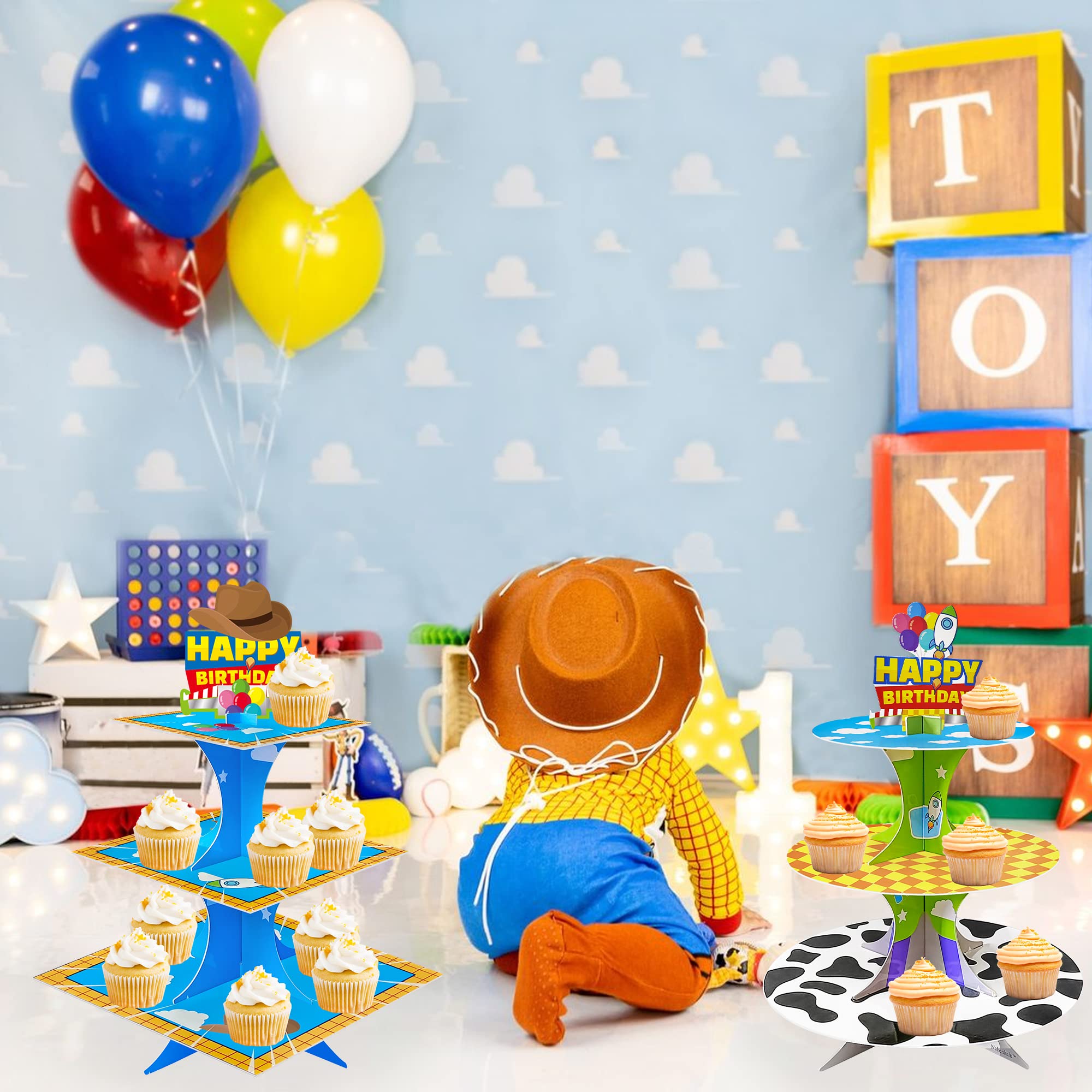 Nabenkalu 3-Tier Cartoon Story cupcake stand 2 Sets Cardboard Cake Stand Dessert Tower Holder for toy theme Birthday Decoration Baby Shower Party Supplies