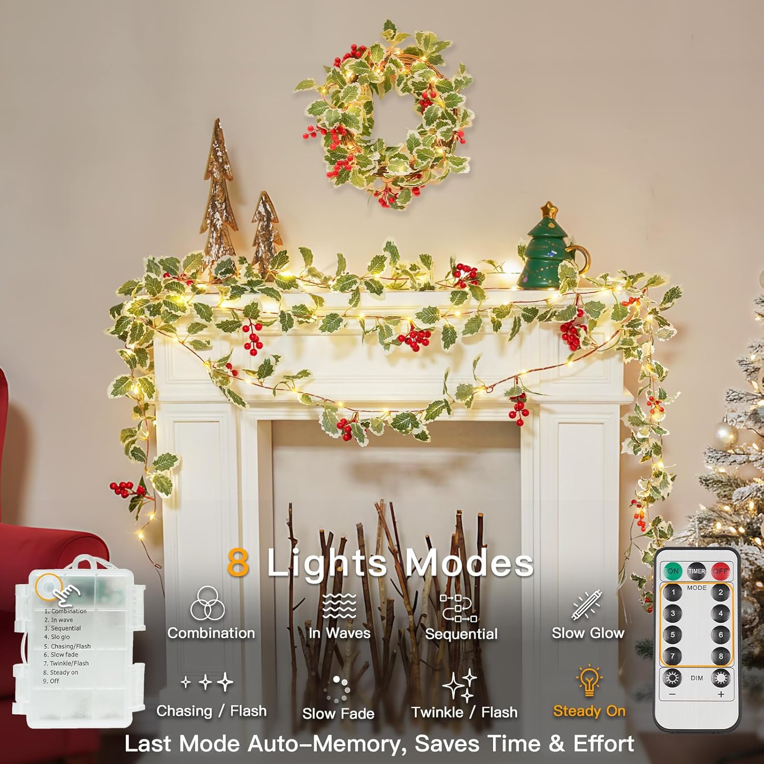 Suddus 40 LED Christmas Fairy Lights - Battery Powered 12.5ft Vine String Lights with Red Berries & Holly Leaf | Perfect for Holiday Decor