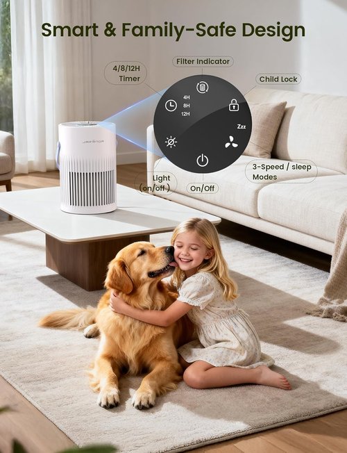 Jafända HEPA Air Purifier - Quiet Bedroom & Office Air Cleaner for Pet Dander, Odors, Dust | Portable White Design