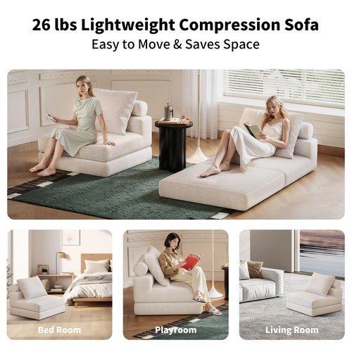 Lumbershed Folding Sofa Bed, 3-in-1 Convertible Sleeper Chair Bed with Pillows, Foldable Floor Couch with High-Density Foam, Futon Small Boneless Couch for Living Room Bedroom Lounge, Single, White