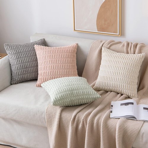MIULEE Corduroy Throw Pillow Covers - Soft Boho Striped Design | 12x12 Inch Cream White for Home Decor