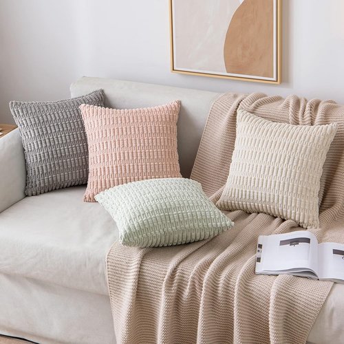 MIULEE Corduroy Throw Pillow Covers - Soft Boho Striped Design | 18x18 Inch Cream White for Modern Home Decor