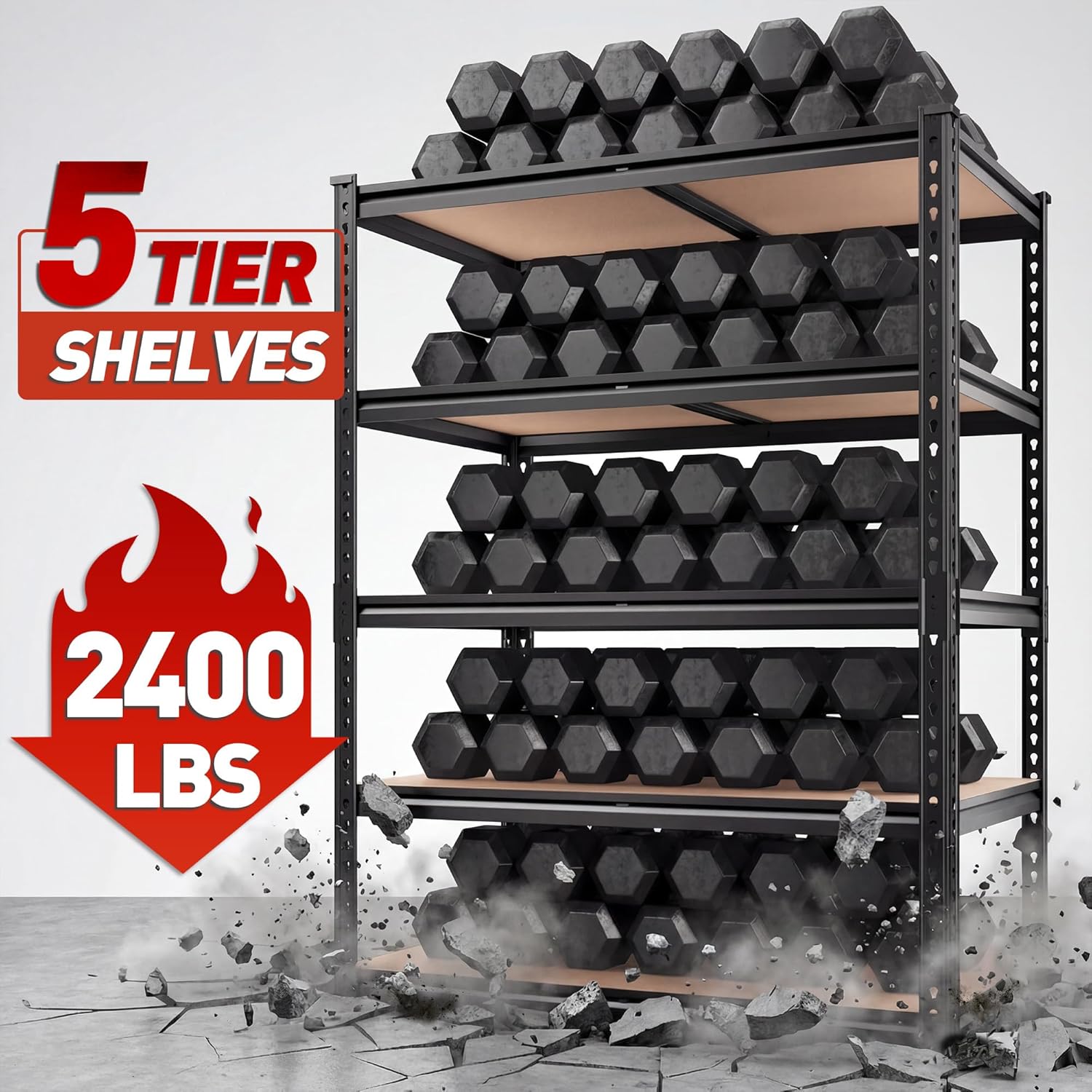 REIBII Heavy-Duty 5-Tier Storage Shelves - Adjustable Metal Shelving Unit for Garage, Basement, Pantry | 72" H x 35.55" W x 16" D, Black