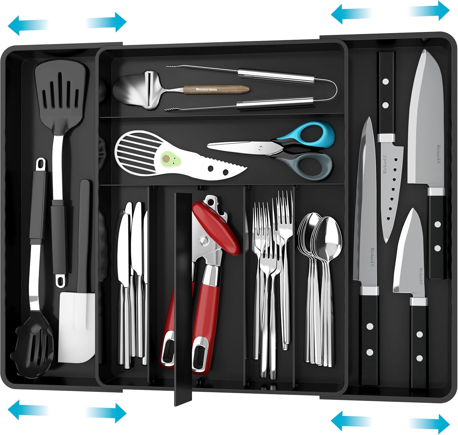 Simple Houseware Flatware Organizer - Adjustable Black Kitchen Drawer Tray with 9 Compartments for Utensils