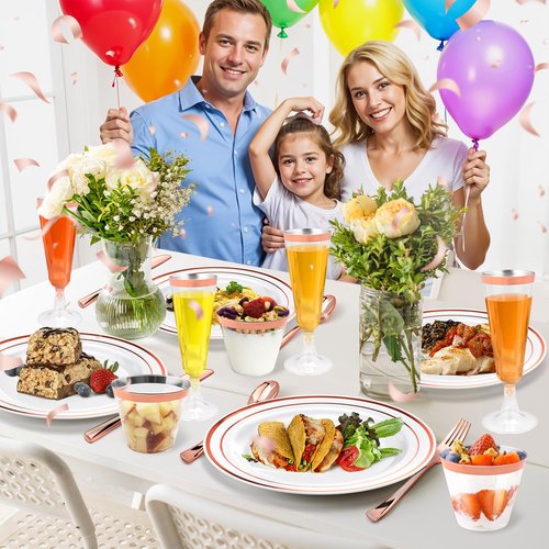 150PCS Rose Gold Plastic Plates Set for 25 Guests, Disposable Dinnerware Set of 25 Dessert Plates, 25 Cups & Champagne Flutes Cups, 25 Spoons, Forks & 25 Knives for Birthday, Wedding & Party Supplies