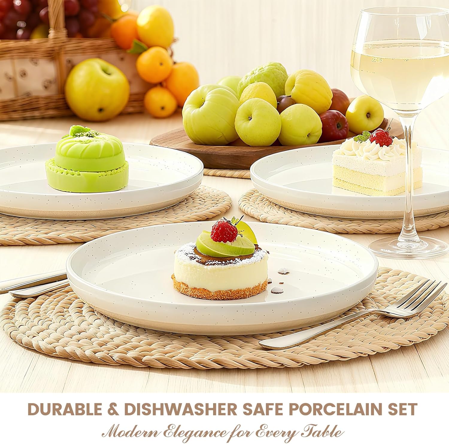 Skiennix Dinnerware Set - 12-Piece Ceramic Plates & Bowls Set for 4 | Scratch Resistant, Microwave & Dishwasher Safe, Cream White