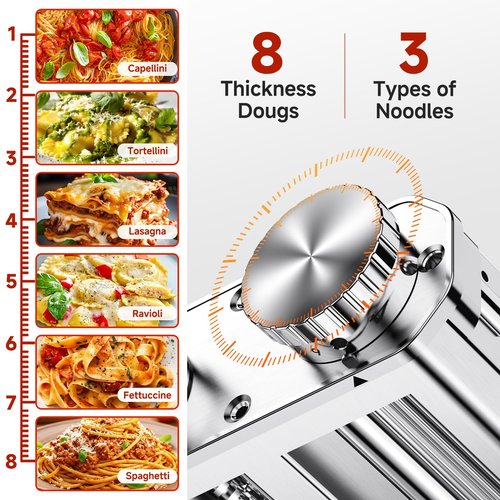 Pasta Maker Attachment for Kitchen Aid Stand Mixers, 304 Stainless Steel, Rust-Proof, 8 Thickness Settings, Easy to Clean, 3 in 1 Accessories for Homemade Spaghetti, Fettuccine, Lasagna