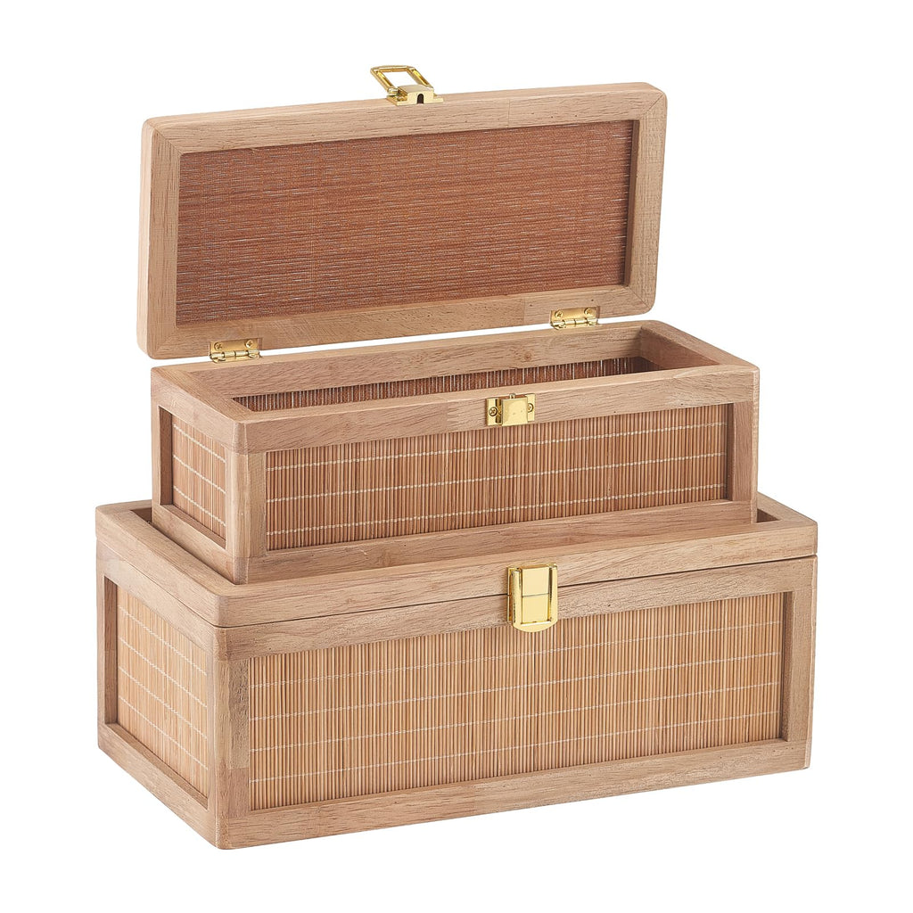 HuiDao Rattan Decorative Box, Boho Display Boxes with Lids, Set of 2 Rectangular Wicker Storage Basket, Natural Woven Cane Bins for Home Decor (Round)