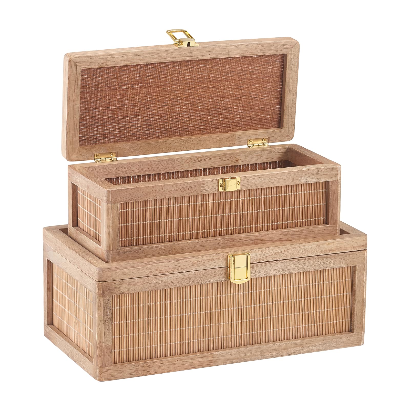 HuiDao Rattan Decorative Box, Boho Display Boxes with Lids, Set of 2 Rectangular Wicker Storage Basket, Natural Woven Cane Bins for Home Decor (Round)