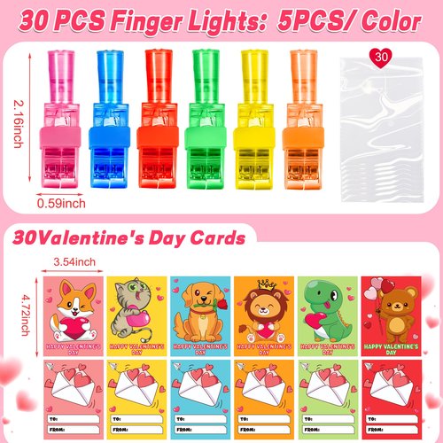 30 Pack Valentines Day Gifts for Kids Classroom Animal Finger Lights Toys with Valentine Day Cards for Kids School, Valentines for Class Exchange Cards Gifts Prizes Party Favors for Boys Girls