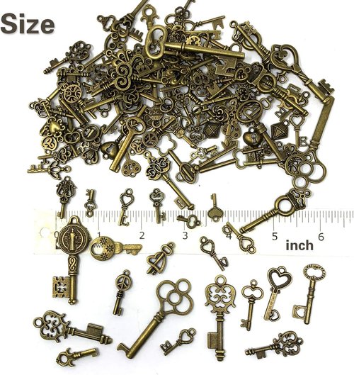 JIALEEY Vintage Skeleton Key Set - 125 PCS Antique Bronze Charms for DIY Jewelry & Wedding Favors