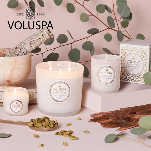 Voluspa Eucalyptus & White Sage, Classic Boxed Candle, 9.5 oz, 60 Hour Burn Time, Coconut Wax for Clean Burning, Handcrafted in the USA