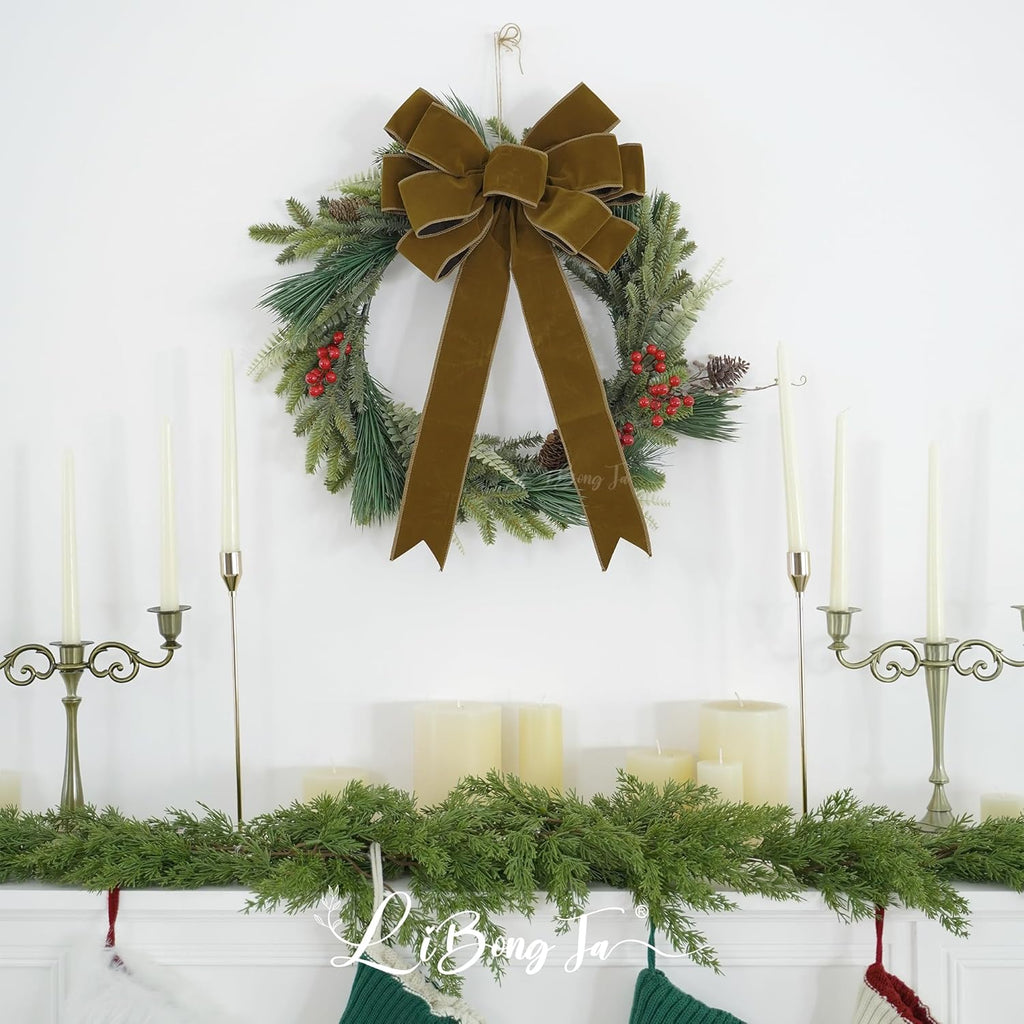 Skiennix 13-Inch Khaki Velvet Bow - Pre-Tied Rustic Decoration for Christmas Trees & Wreaths