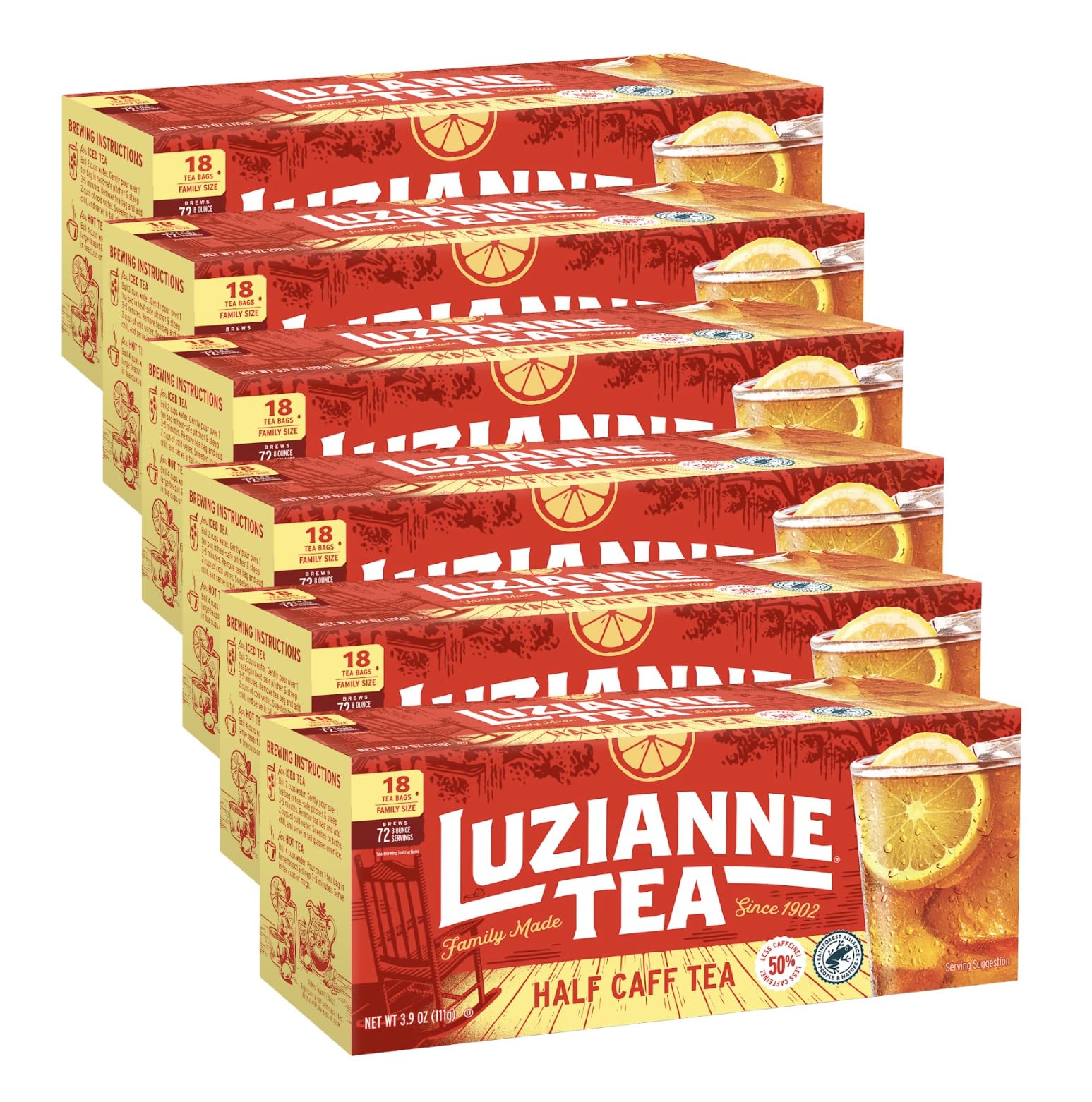 Luzianne Unsweetened Half-Caff Iced Tea Bags, Family Size, 18ct Box (Pack of 6)