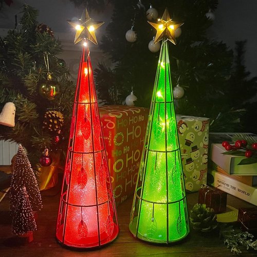 Juegoal Lighted Christmas Table Decorations - Battery Operated Cone Shaped LED Ornaments | 2 Pack, Green & Red