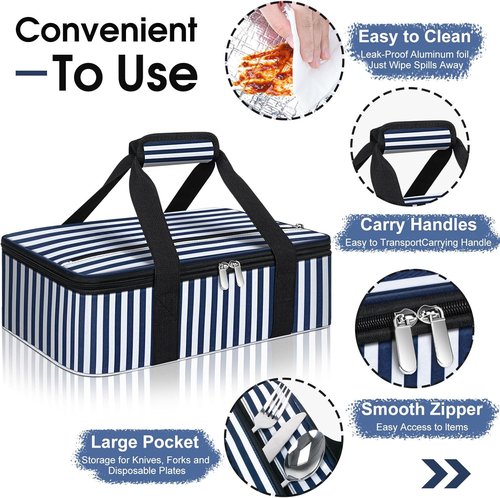 Insulated Casserole Carrier by [Brand Name] - Portable Hot & Cold Food Tote for Potluck Parties | Fits 9" x 13" Baking Dish - Blue Stripes