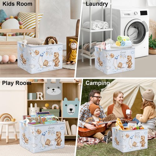 Clastyle Sleeping Bear Balloons Boy Shelf Basket Clouds Stars Moon Baby Shower Basket for Kids Room Blue Rectangle Clothes Toys Cube Storage Basket