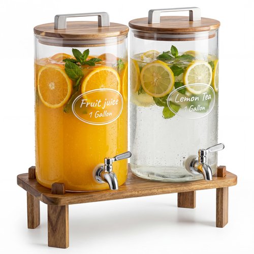 MerryNine 2PCS 1.1 Gallon Glass Drink Dispensers for Parties with Wood Stand, Punch Borosilicate Glass Beverage Dispenser, Leakproof Filter Stainless Spigot for Hot/Cold Lemonade Juice Tea Party Event