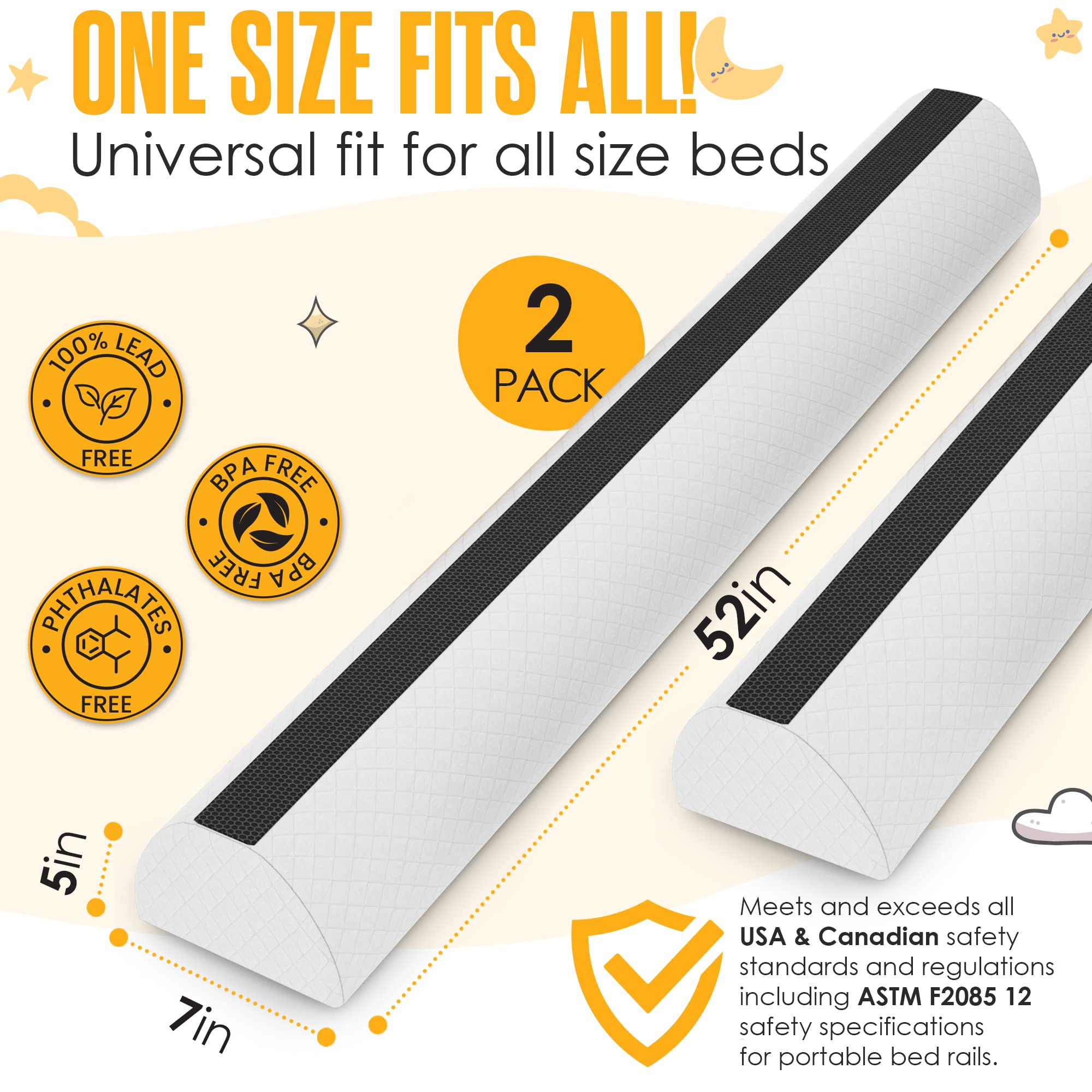 Sleepah Bed Rail for Toddlers (2 Pack) Memory Foam Bumper Guard w Dual Non-Slip Pads (Top & Bottom) Waterproof Washable Soft Removable Cover Safety Noodle for King Queen Full Twin Beds (2)